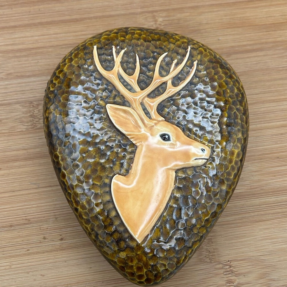Deer Lidded trinket box embossed studio pottery embossed signed 1967 Man Cave